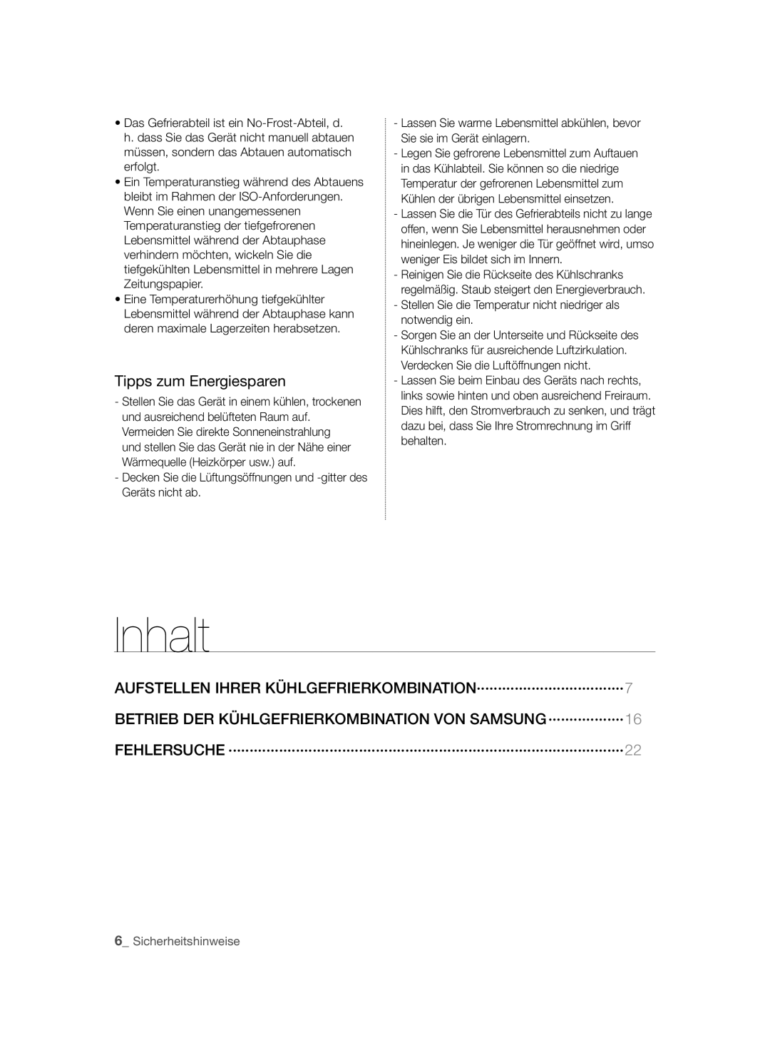 Samsung RSH7ZNRS1/XEO, RSH7ZNRS1/EUR, RSH7ZNRS1/XEG, RSH7ZNRS1/SWS manual Inhalt, Tipps zum Energiesparen 