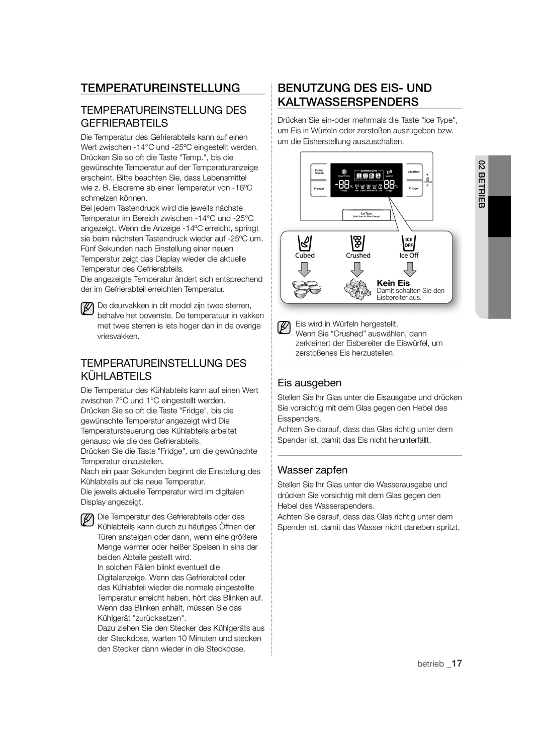 Samsung RSH7ZNRS1/XEG, RSH7ZNRS1/EUR, RSH7ZNRS1/XEO manual Temperatureinstellung, Benutzung DES EIS- UND Kaltwasserspenders 