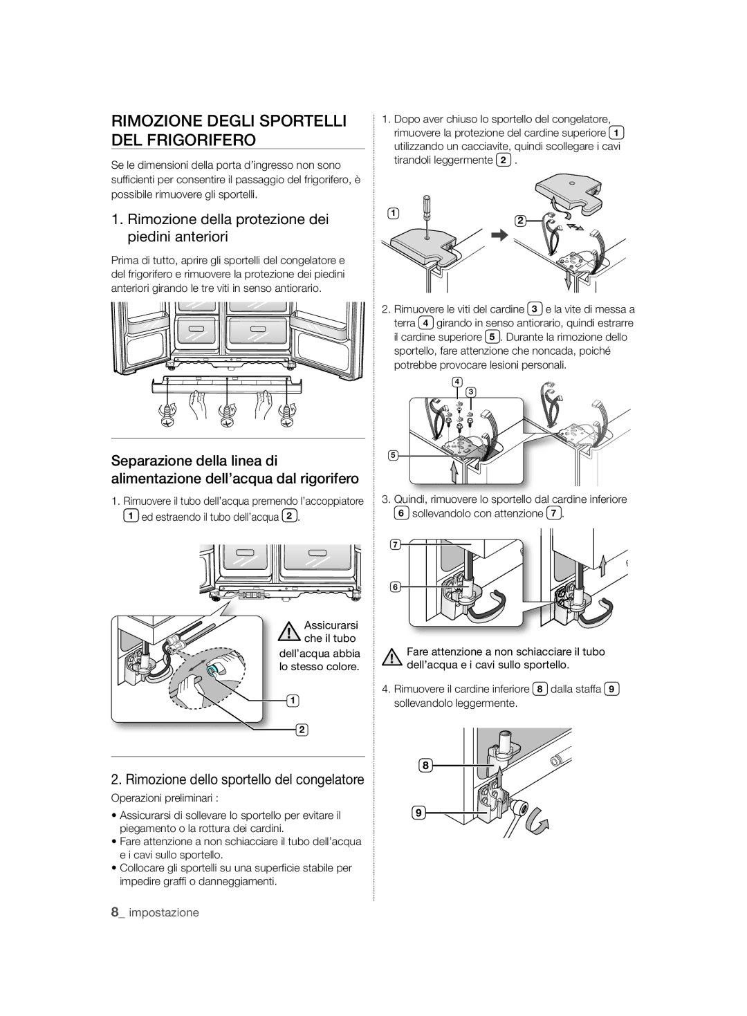 Samsung RSH7ZNRS1/EUR manual Rimozione Degli Sportelli DEL Frigorifero, Rimozione della protezione dei piedini anteriori 