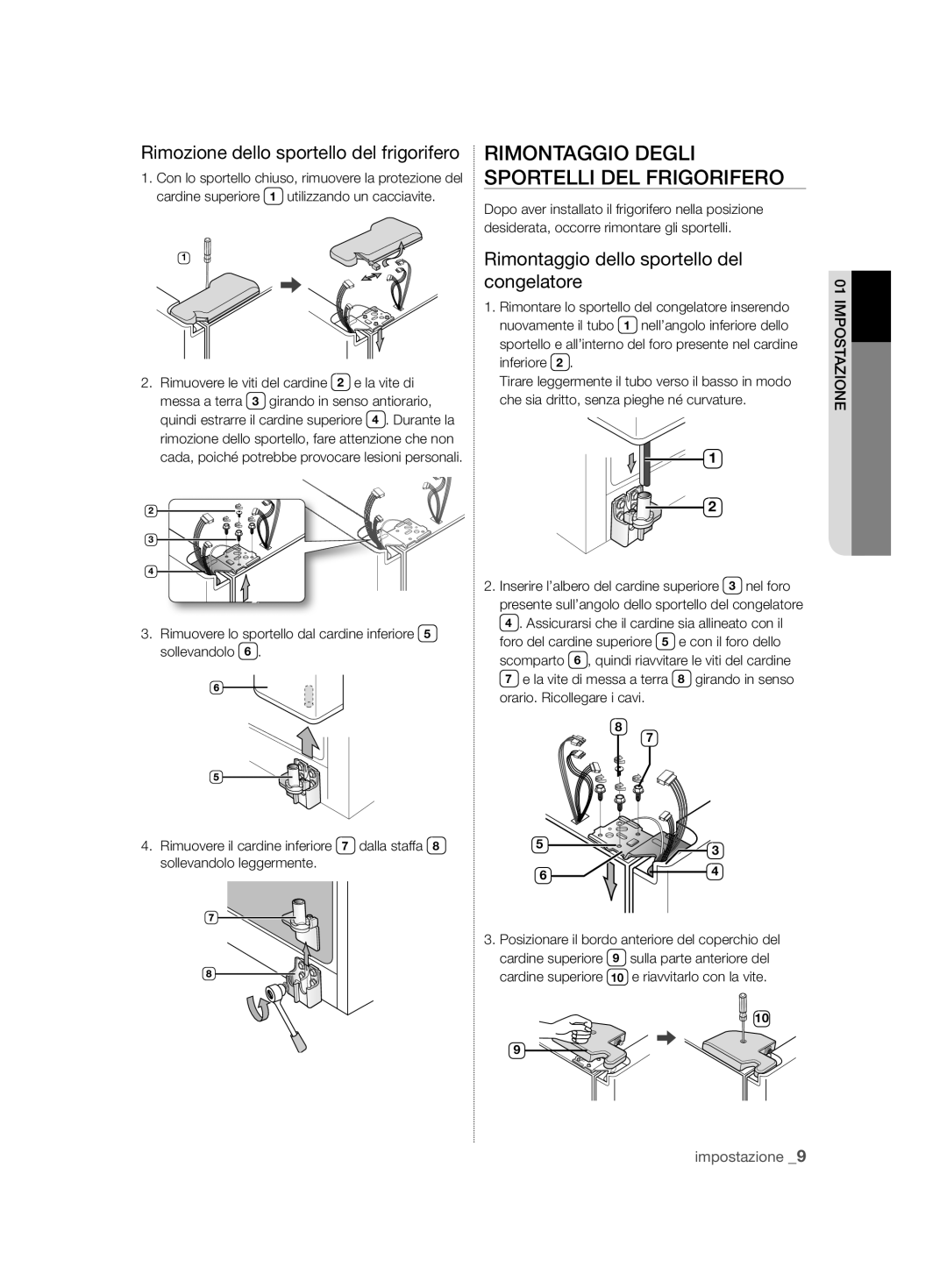 Samsung RSH7ZNRS1/XEG manual Rimontaggio Degli Sportelli DEL Frigorifero, Rimozione dello sportello del frigorifero 