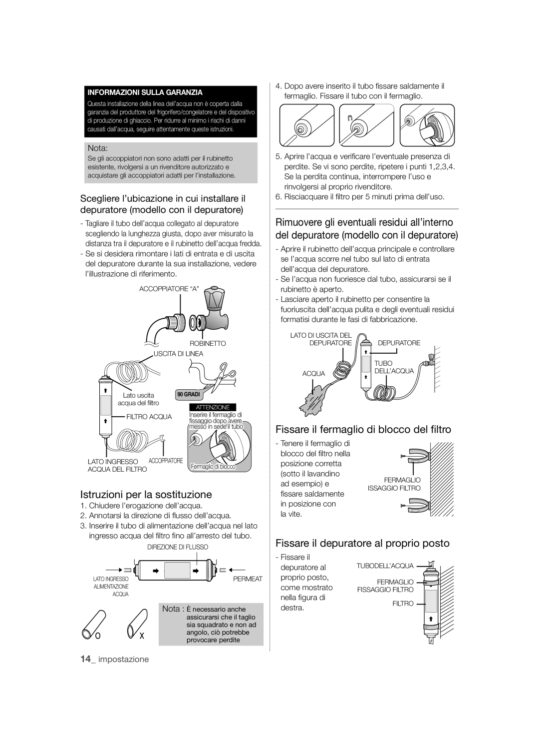 Samsung RSH7ZNRS1/XEO, RSH7ZNRS1/EUR manual Fissare il fermaglio di blocco del ﬁltro, Istruzioni per la sostituzione 