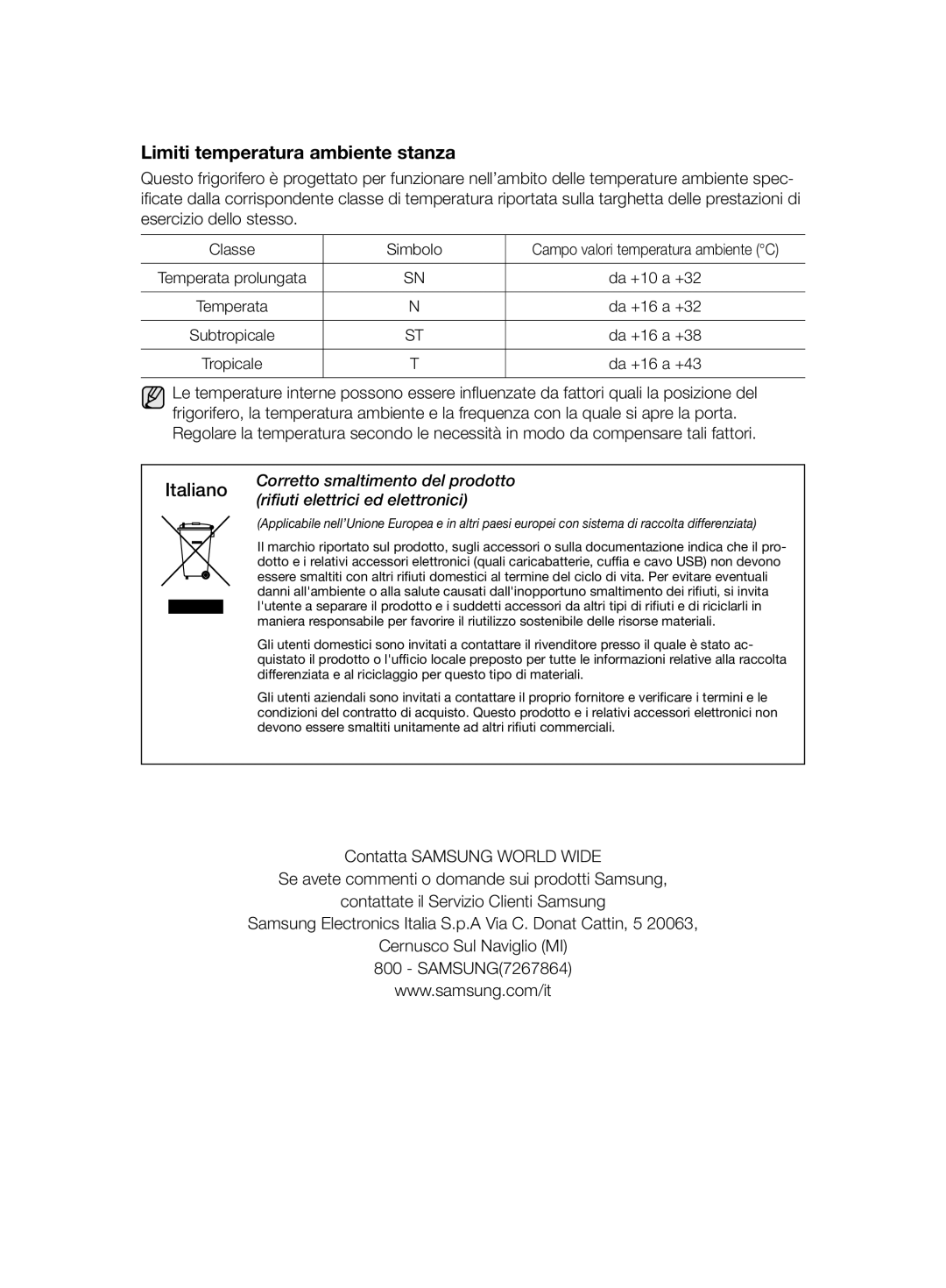 Samsung RSH7ZNRS1/EUR, RSH7ZNRS1/XEG, RSH7ZNRS1/XEO, RSH7ZNRS1/SWS manual Limiti temperatura ambiente stanza, Italiano 