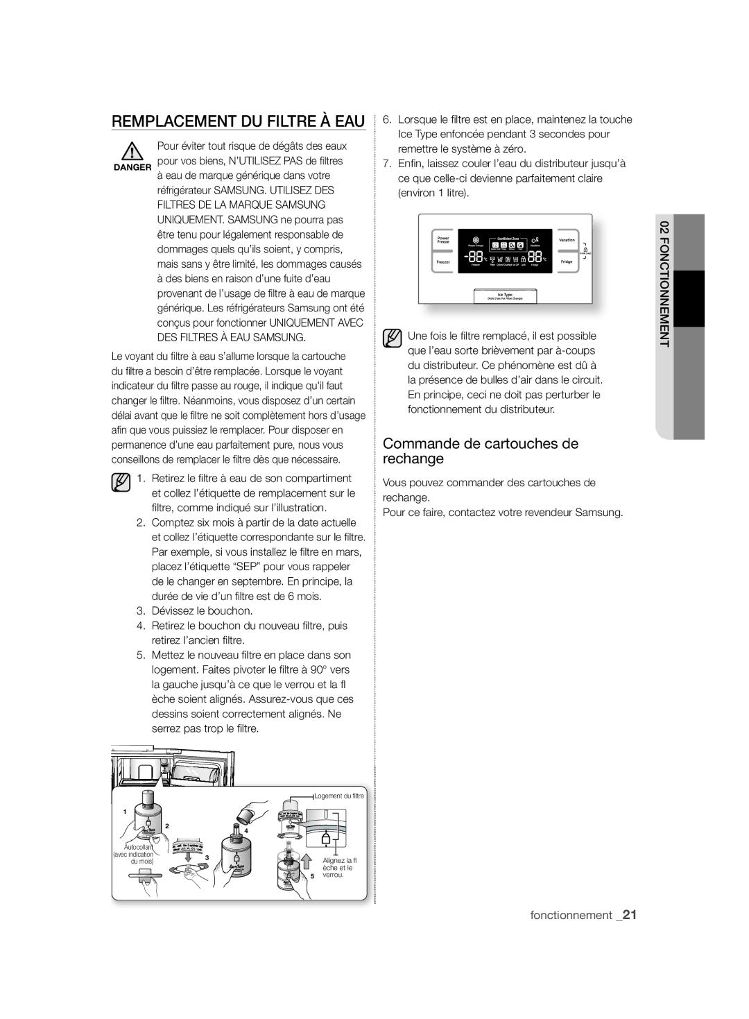 Samsung RSH7ZNRS1/XEG manual Remplacement DU Filtre À EAU, Commande de cartouches de rechange, Remettre le système à zéro 