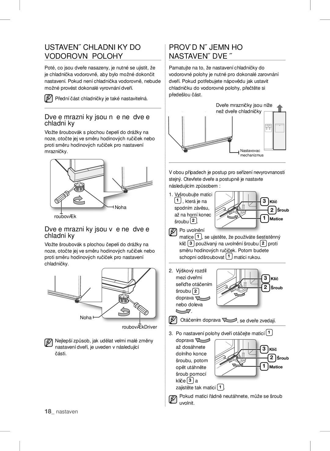 Samsung RSH7ZNRS1/XEO, RSH7UNBP1/XEO manual Ustavení Chladničky do Vodorovné Polohy, Provádění Jemného Nastavení Dveří 