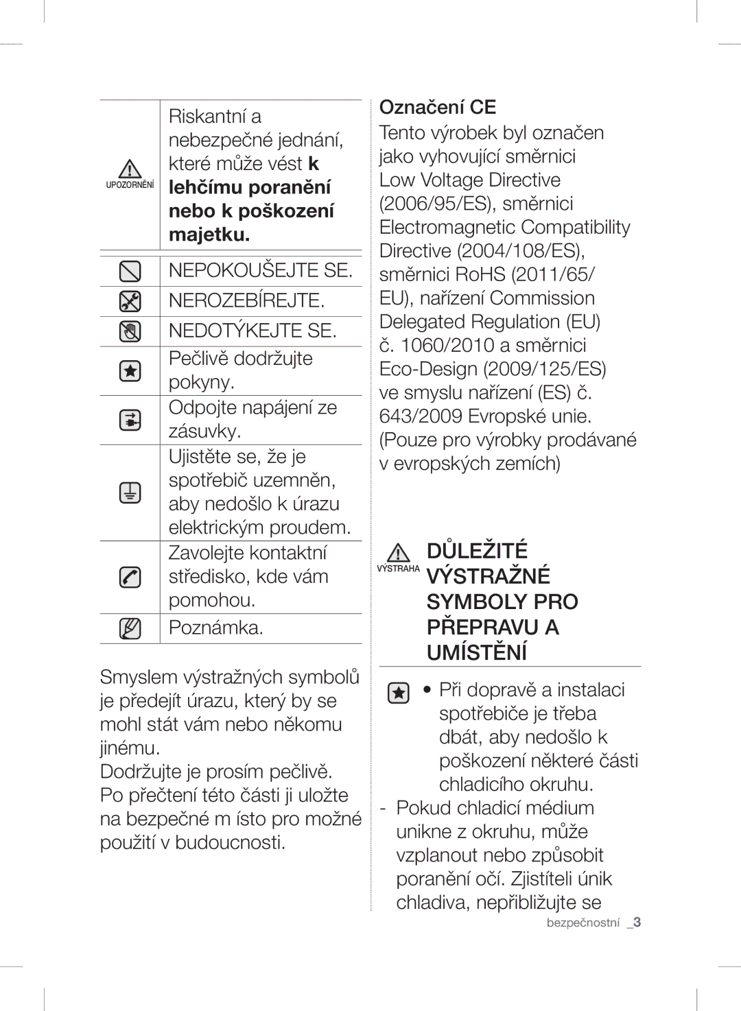 Samsung RSH7ZNRS1/XEO, RSH7UNBP1/XEO, RSH7PNPN1/XEO manual Důležité Výstraha Výstražné Symboly PRO Přepravu a Umístění 