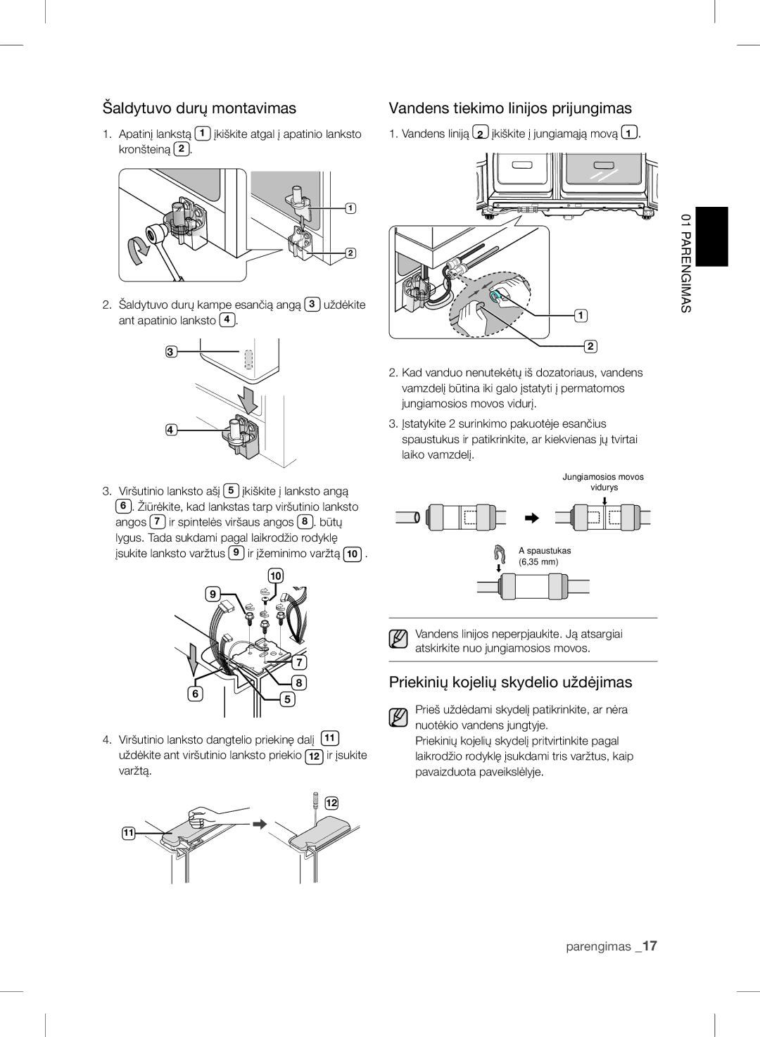 Samsung RSH7UNBP1/XEO manual Priekinių kojelių skydelio uždėjimas, Apatinį lankstą 1 įkiškite atgal į apatinio lanksto 