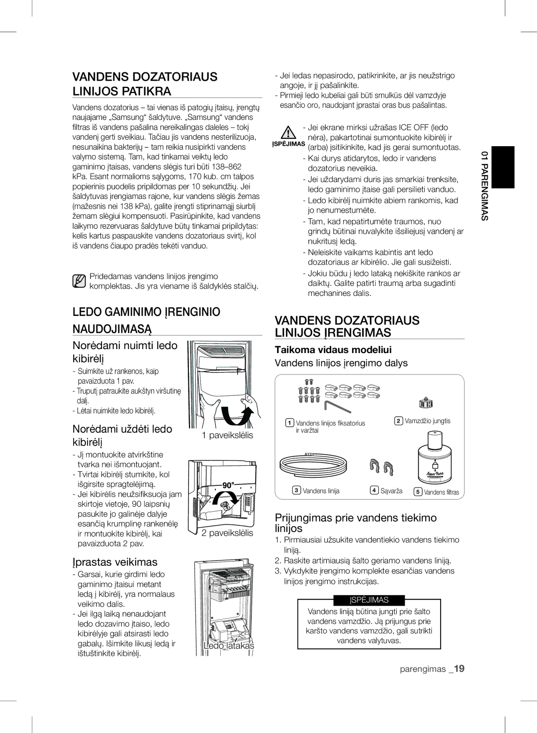 Samsung RSH7ZNRS1/XEO, RSH7UNBP1/XEO manual Vandens Dozatoriaus Linijos Patikra, Ledo Gaminimo Įrenginio Naudojimasą 