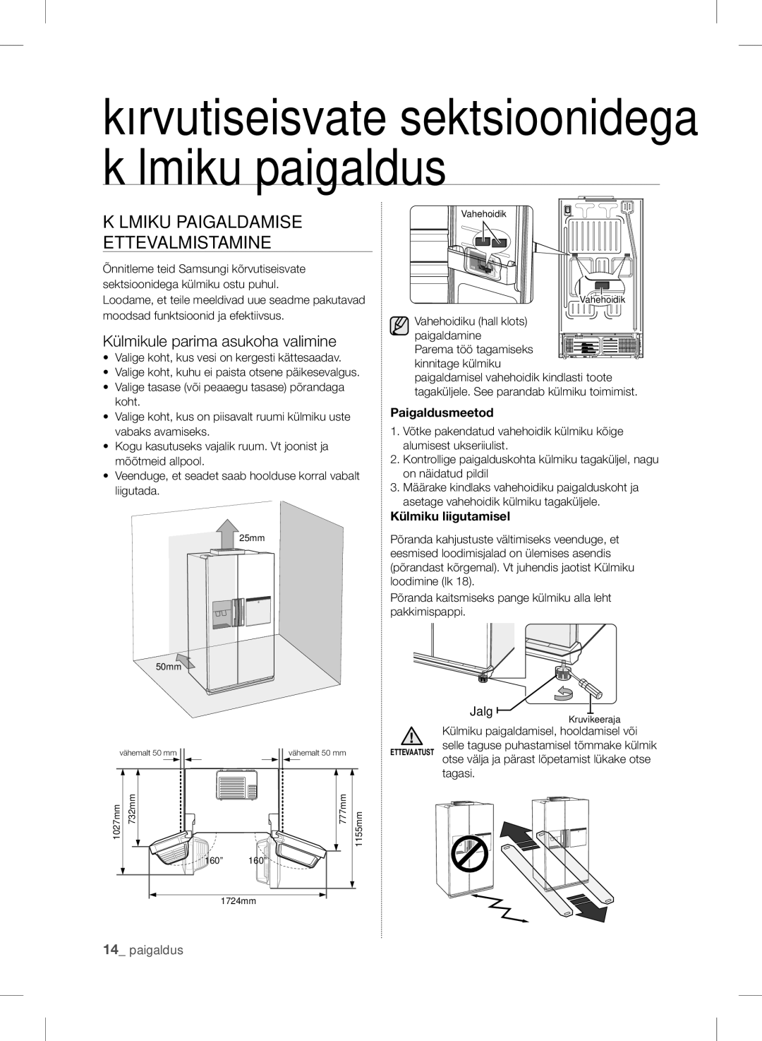 Samsung RSH7PNSW1/XEO, RSH7ZNRS1/XEO manual Külmiku Paigaldamise Ettevalmistamine, Külmikule parima asukoha valimine, Jalg 