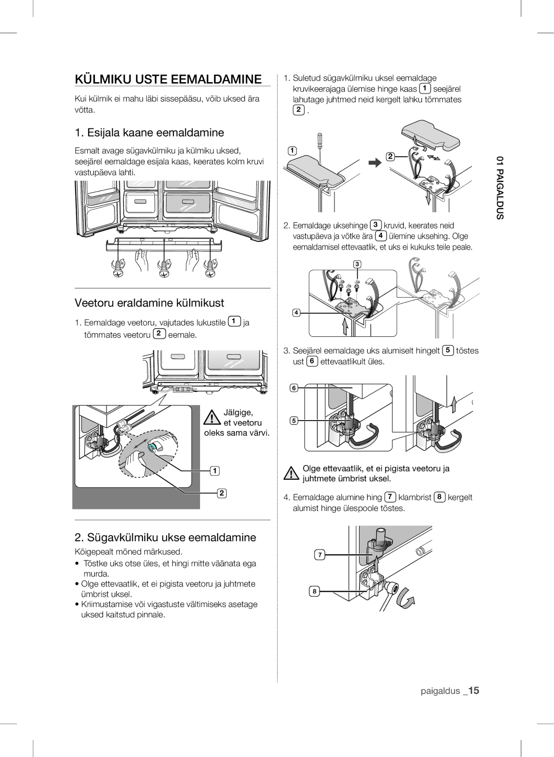 Samsung RSH7ZNRS1/XEO, RSH7UNBP1/XEO Külmiku Uste Eemaldamine, Esijala kaane eemaldamine, Veetoru eraldamine külmikust 