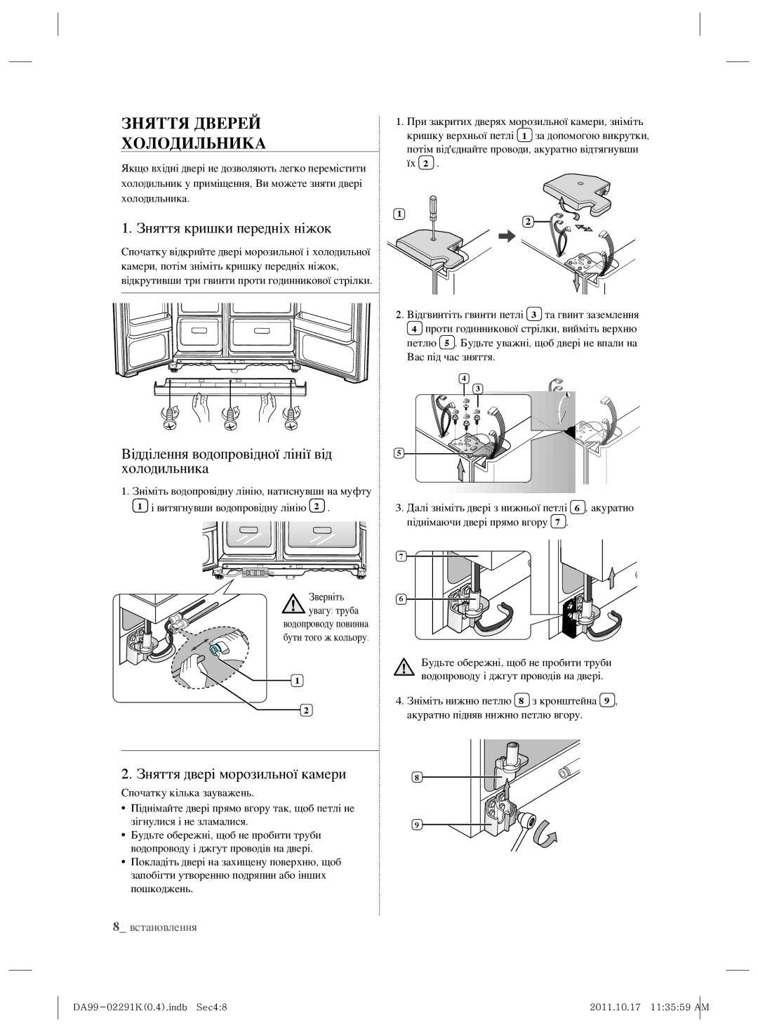 Samsung RSH7ZNSL1/BWT manual Зняття Дверей Холодильника, Зняття кришки передніх ніжок, Зняття двері морозильної камери 