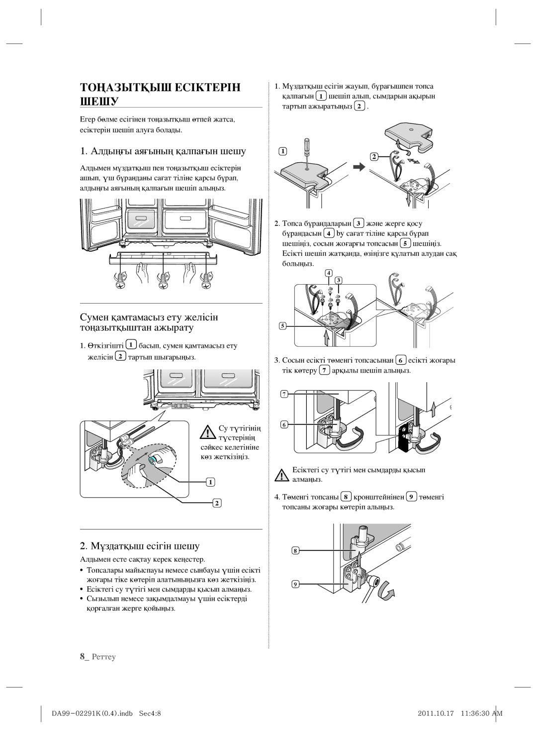 Samsung RSH7ZNSL1/BWT manual Тоңазытқыш Есіктерін Шешу, Алдыңғы аяғының қалпағын шешу, Мұздатқыш есігін шешу 