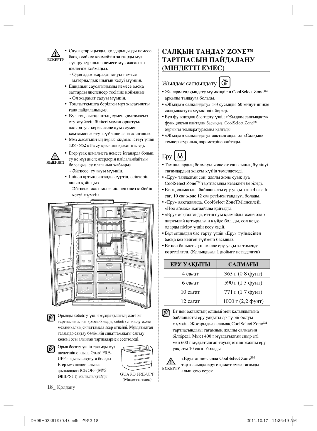 Samsung RSH7ZNSL1/BWT manual Салқын Таңдау Zone Тартпасын Пайдалану Міндетті Емес, Жылдам салқындату, Еру, 18 Қолдану 