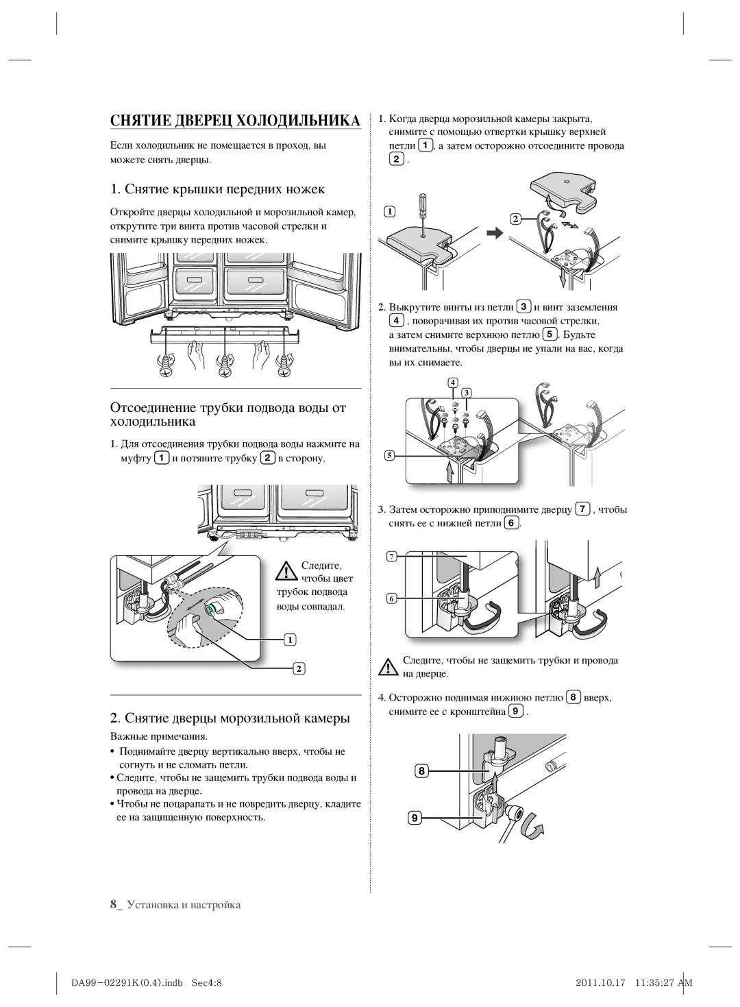 Samsung RSH7ZNSL1/BWT manual Снятие Дверец Холодильника, Снятие крышки передних ножек, Снятие дверцы морозильной камеры 