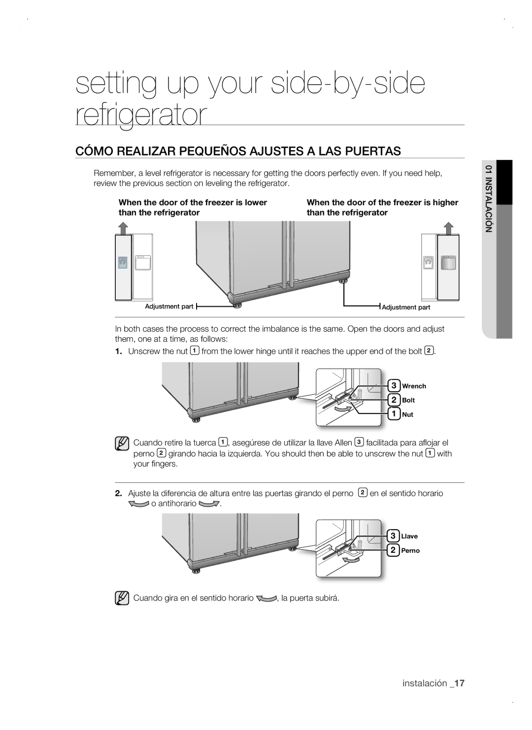 Samsung RSJ1KURS1/XEP manual Setting up your side-by-side refrigerator, Cómo realizar pequeños ajustes a las puertas 