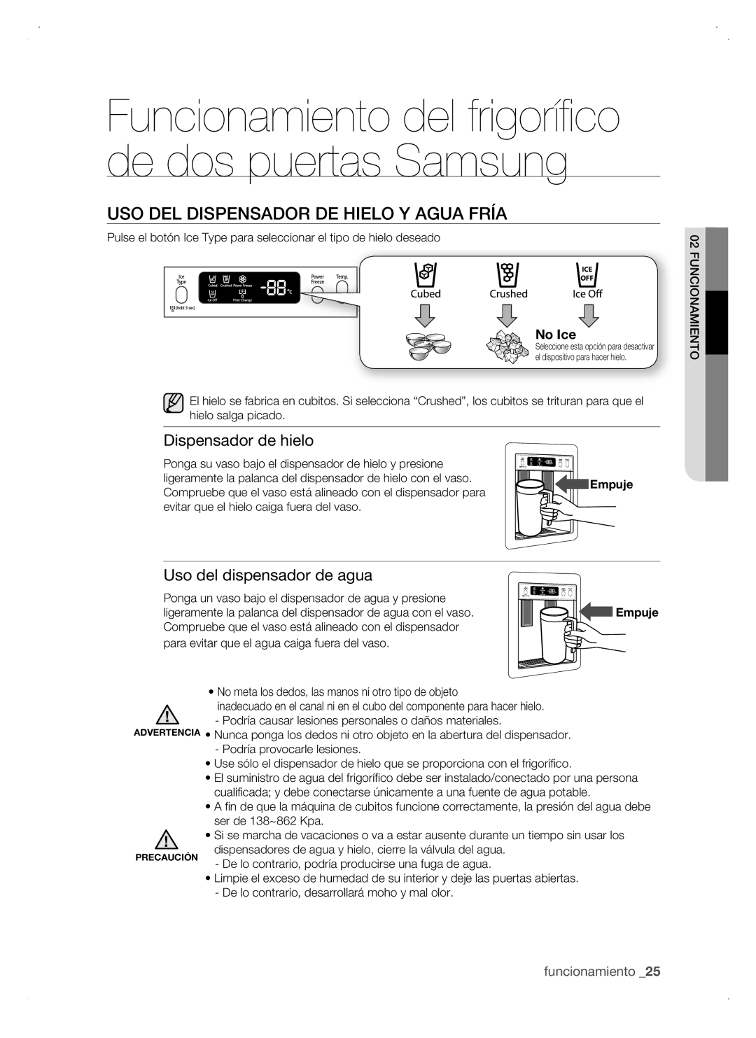 Samsung RSJ1JURS1/XES manual USO DEL Dispensador DE Hielo Y Agua Fría, Dispensador de hielo, Uso del dispensador de agua 