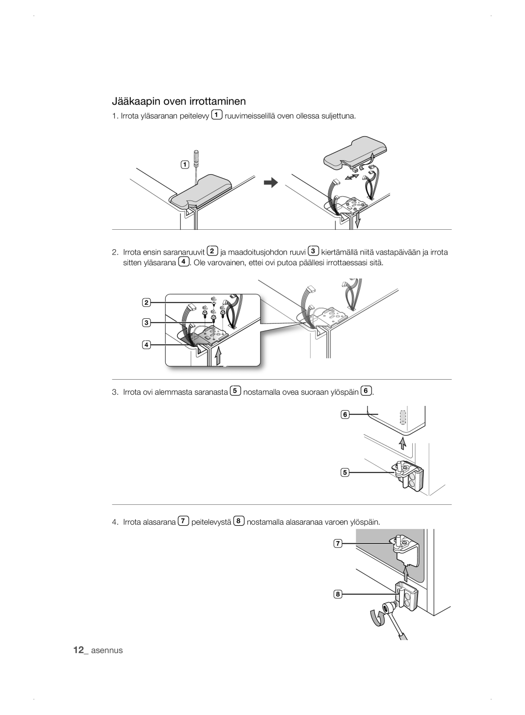 Samsung RSJ1KEBP1/XEE, RSJ1KERS1/XEE, RSJ1KESV1/XEE manual Jääkaapin oven irrottaminen 