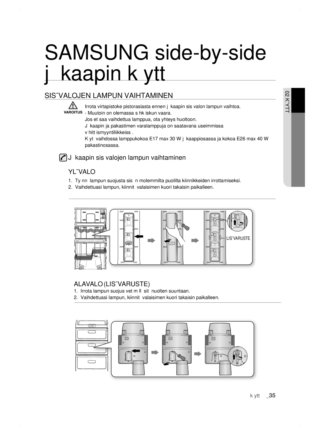 Samsung RSJ1KESV1/XEE, RSJ1KEBP1/XEE manual Sisävalojen Lampun Vaihtaminen, Jääkaapin sisävalojen lampun vaihtaminen 