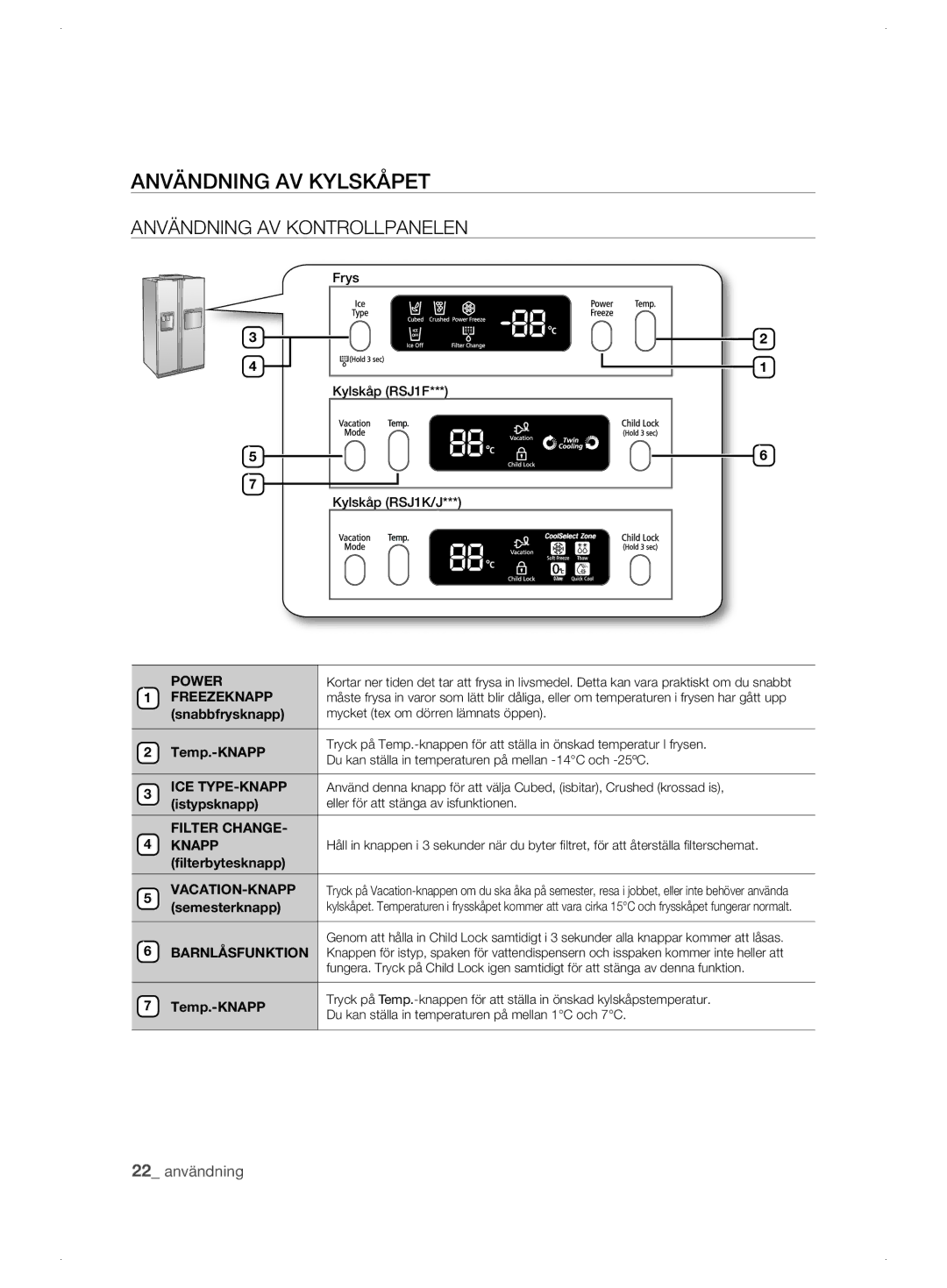 Samsung RSJ1KERS1/XEE, RSJ1KEBP1/XEE, RSJ1KESV1/XEE manual Användning AV Kylskåpet, Användning av kontrollpanelen 