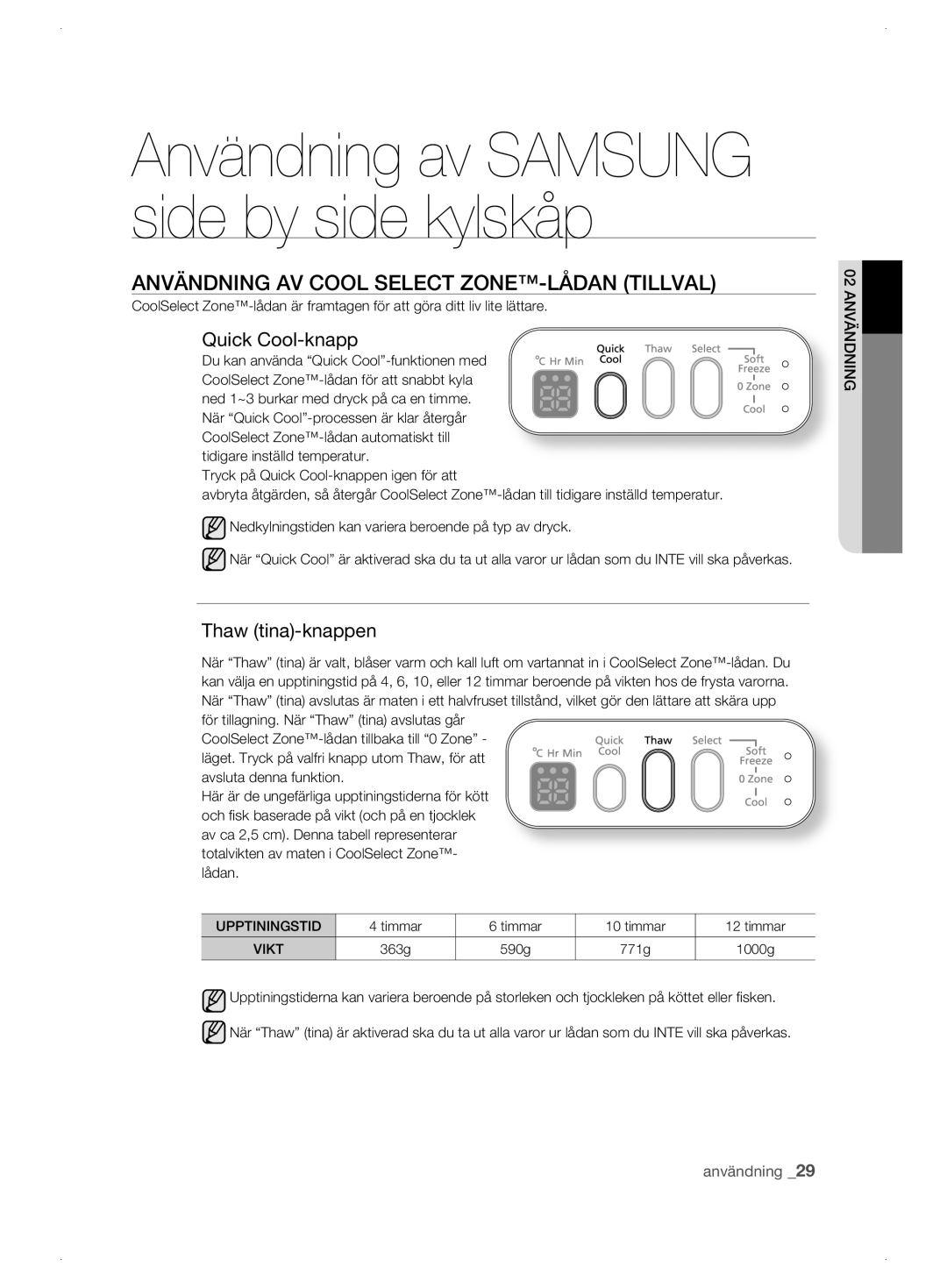 Samsung RSJ1KESV1/XEE, RSJ1KEBP1/XEE Användning AV Cool Select ZONE-LÅDAN Tillval, Quick Cool-knapp, Thaw tina-knappen 