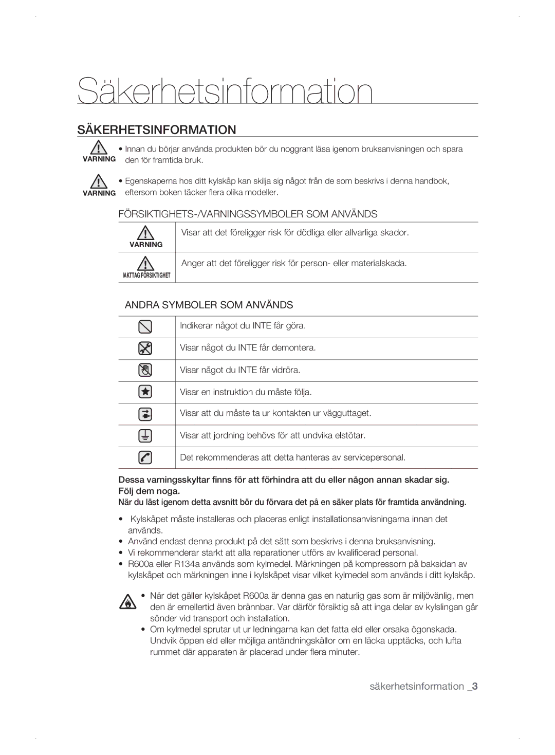 Samsung RSJ1KEBP1/XEE, RSJ1KERS1/XEE, RSJ1KESV1/XEE manual Säkerhetsinformation 