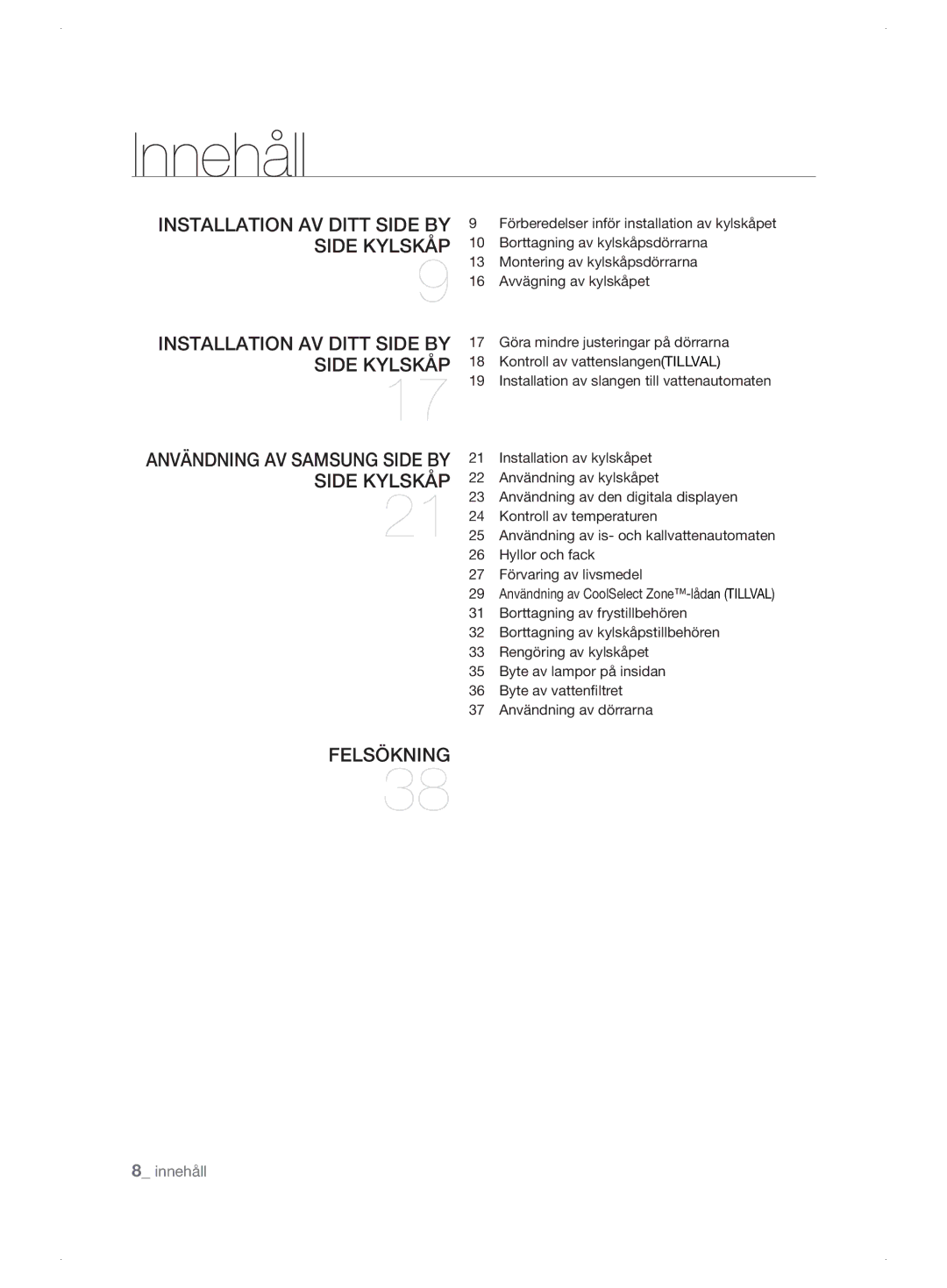 Samsung RSJ1KESV1/XEE, RSJ1KEBP1/XEE, RSJ1KERS1/XEE manual Innehåll 