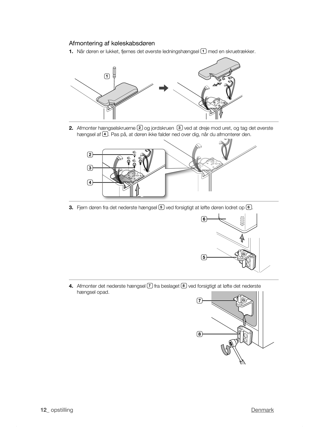 Samsung RSJ1KEBP1/XEE, RSJ1KERS1/XEE, RSJ1KESV1/XEE manual Afmontering af køleskabsdøren 