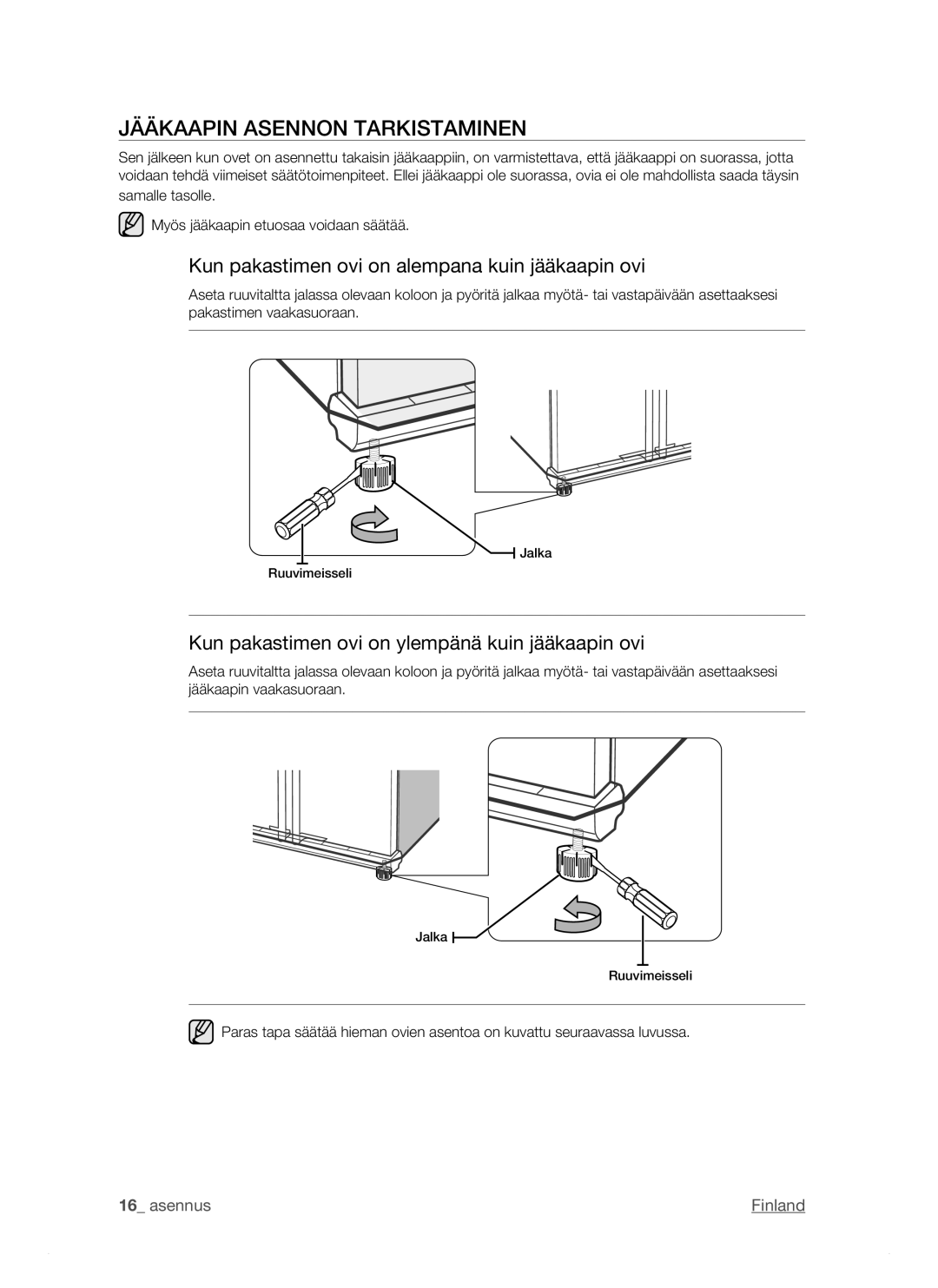 Samsung RSJ1KERS1/XEE, RSJ1KEBP1/XEE Jääkaapin Asennon Tarkistaminen, Kun pakastimen ovi on alempana kuin jääkaapin ovi 