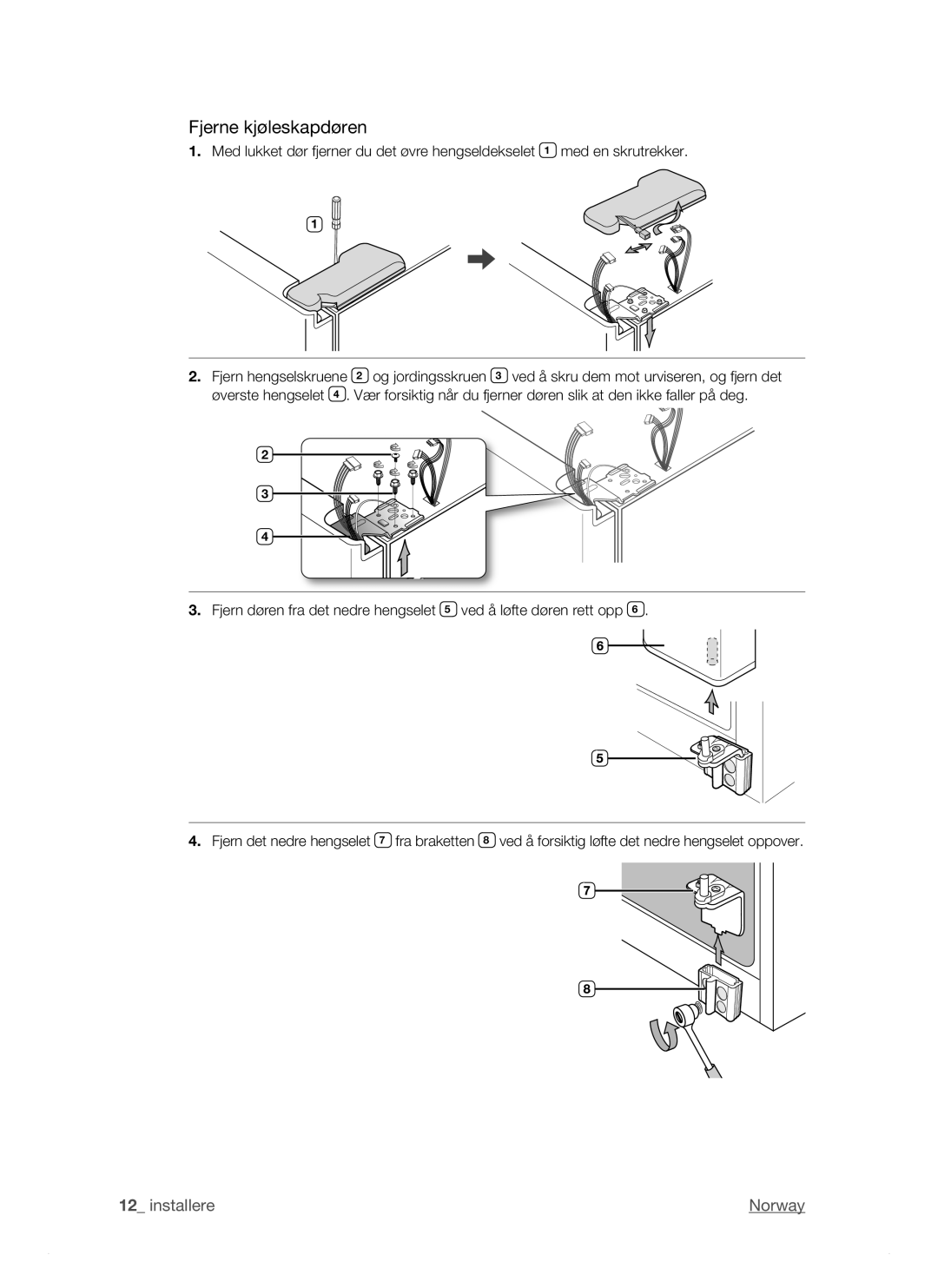 Samsung RSJ1KEBP1/XEE, RSJ1KERS1/XEE, RSJ1KESV1/XEE manual Fjerne kjøleskapdøren 