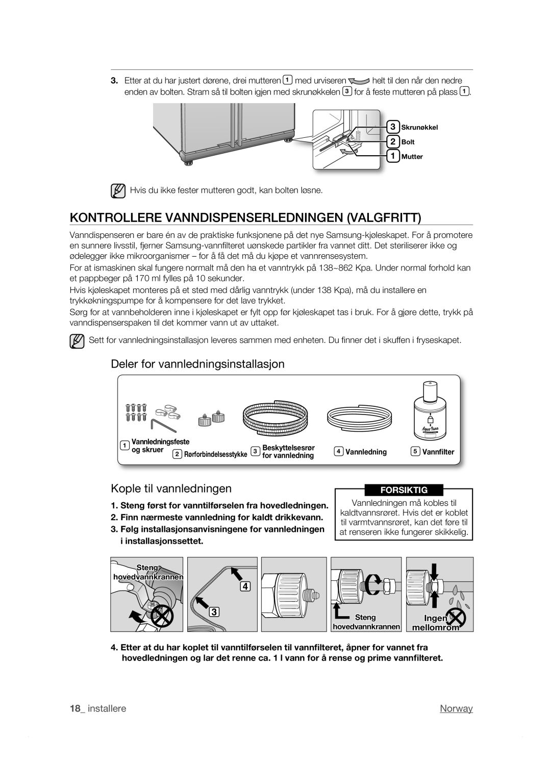 Samsung RSJ1KEBP1/XEE, RSJ1KERS1/XEE manual Kontrollere Vanndispenserledningen Valgfritt, Deler for vannledningsinstallasjon 