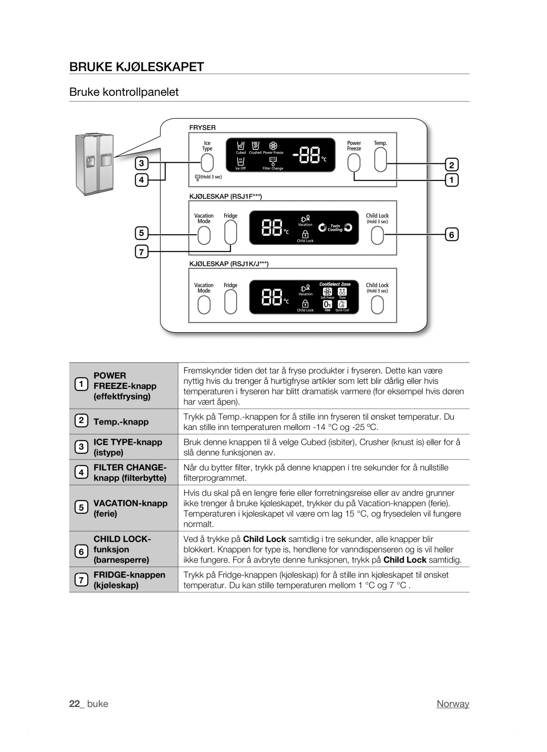 Samsung RSJ1KERS1/XEE, RSJ1KEBP1/XEE, RSJ1KESV1/XEE manual Bruke Kjøleskapet, Bruke kontrollpanelet 