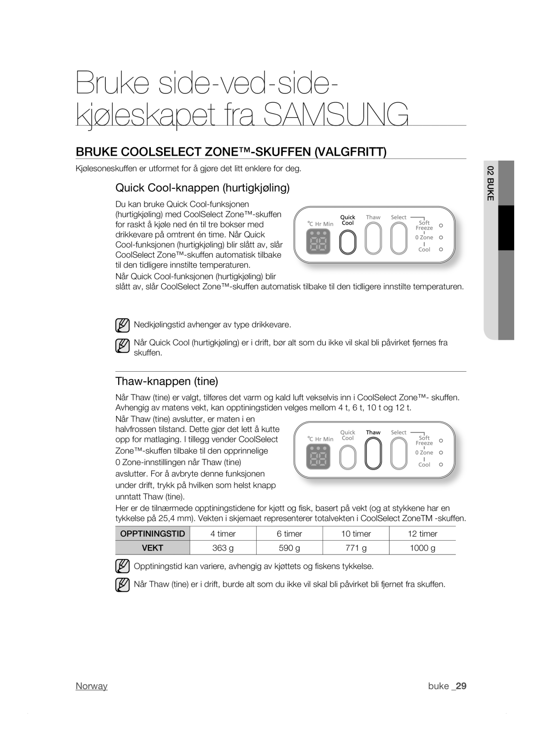 Samsung RSJ1KESV1/XEE manual Bruke Coolselect ZONE-SKUFFEN Valgfritt, Quick Cool-knappen hurtigkjøling, Thaw-knappen tine 