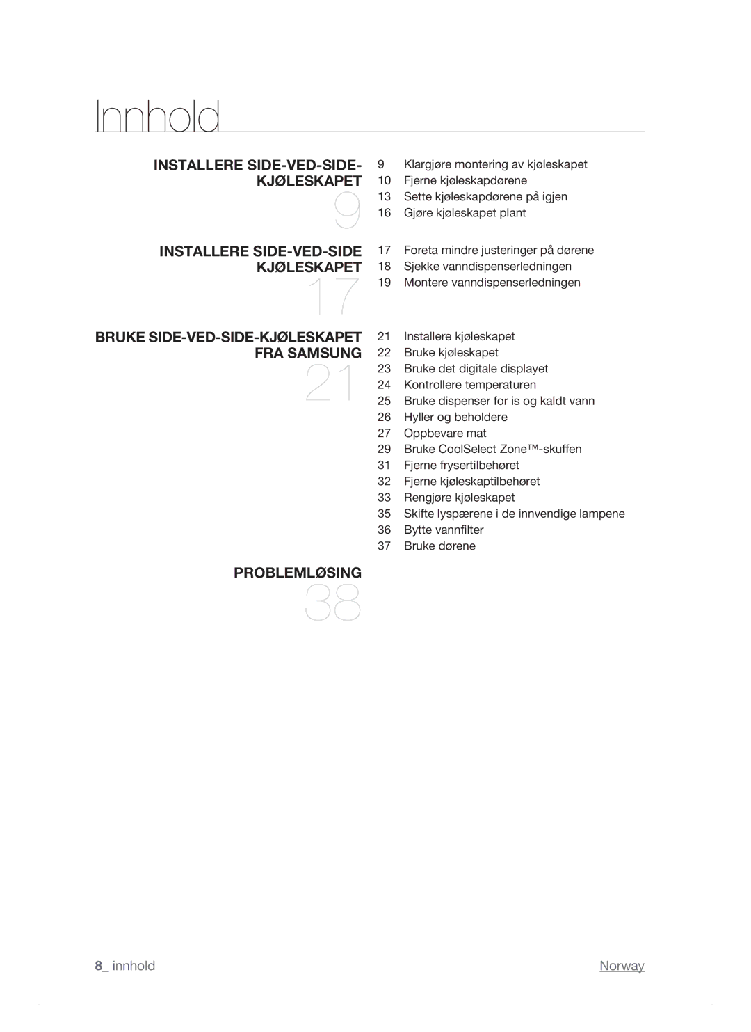 Samsung RSJ1KESV1/XEE, RSJ1KEBP1/XEE, RSJ1KERS1/XEE manual Innhold 