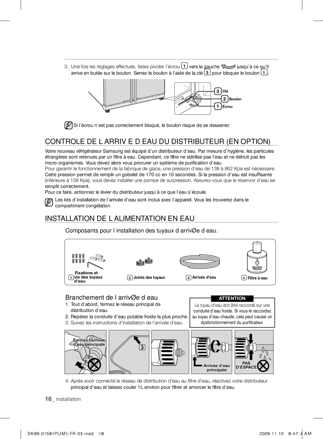 Samsung RSJ1KUPS1/XEF manual Controle DE L’ARRIVÉE D’EAU DU Distributeur EN Option, Installation DE L’ALIMENTATION EN EAU 