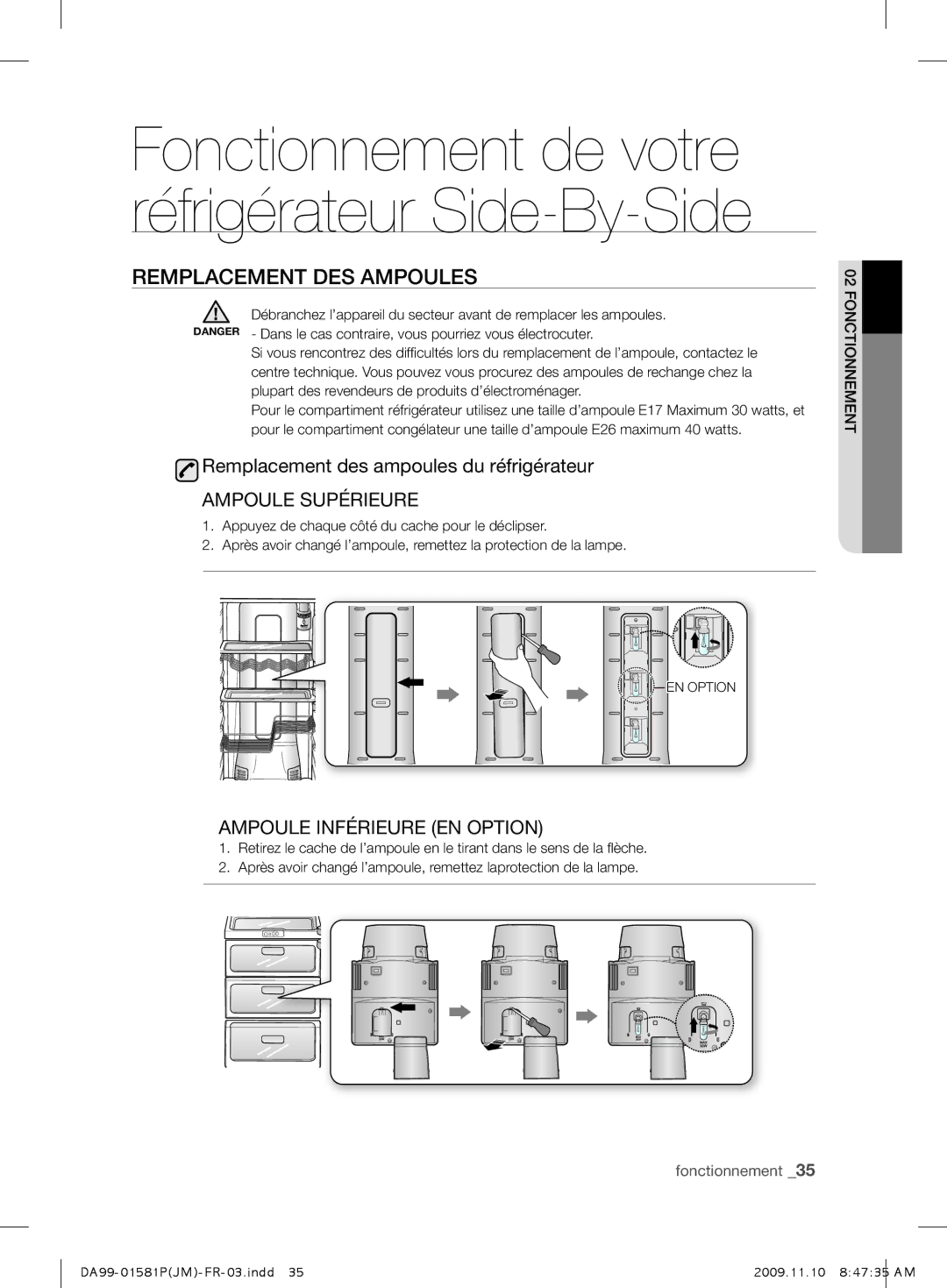 Samsung RSJ1FEBP1/XEF, RSJ1KEMH1/XEF, RSJ1FESV1/XEF Remplacement DES Ampoules, Remplacement des ampoules du réfrigérateur 