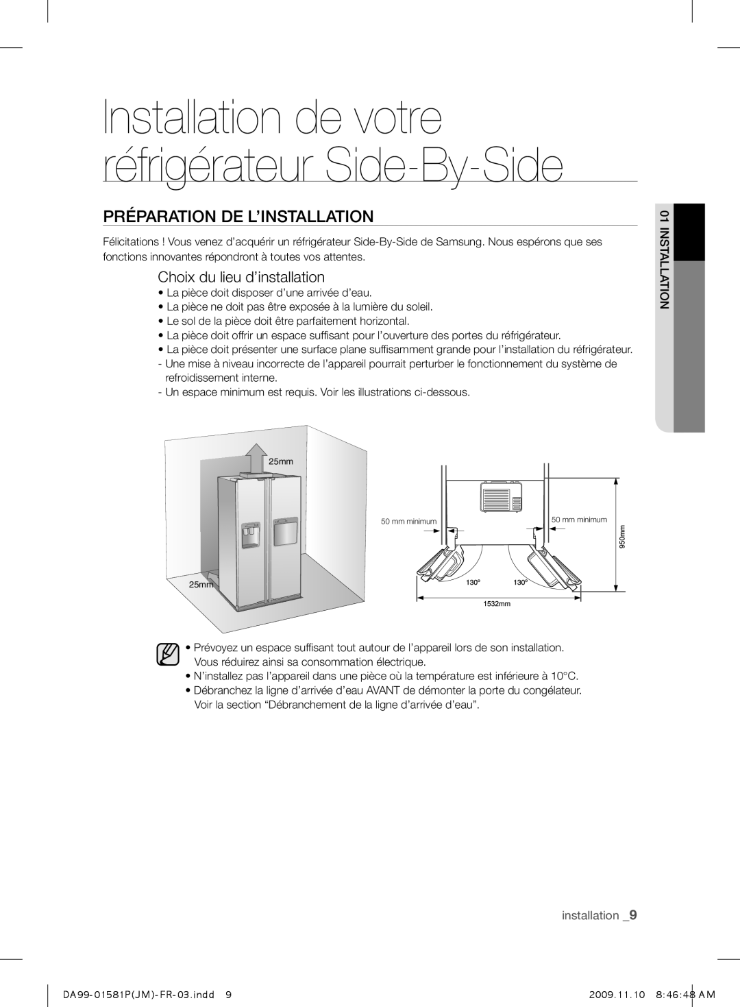 Samsung RSJ1FESV1/XEF, RSJ1KEMH1/XEF, RSJ1KUPS1/XEF manual Préparation DE L’INSTALLATION, Choix du lieu d’installation 