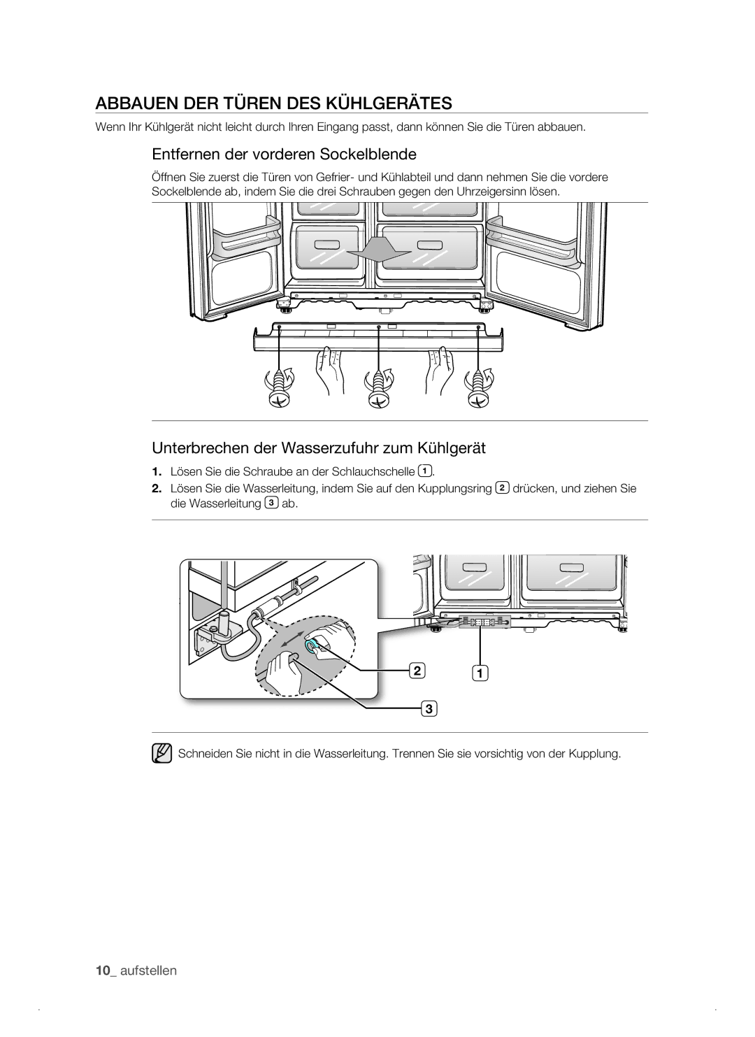 Samsung RSJ1KEPS1/XEG manual Abbauen DER Türen DES Kühlgerätes, Entfernen der vorderen Sockelblende 