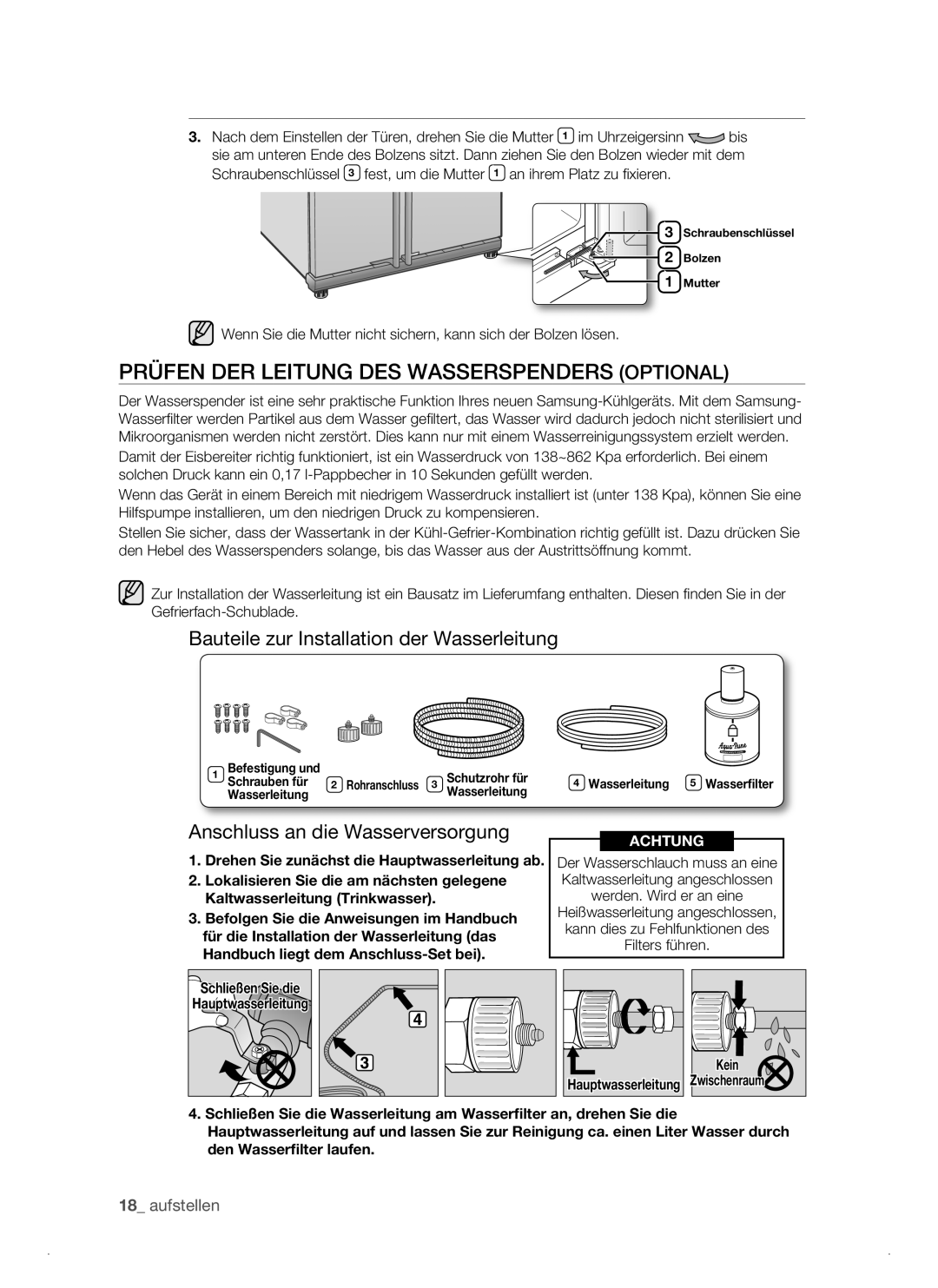 Samsung RSJ1KEPS1/XEG manual Prüfen DER Leitung DES Wasserspenders Optional, Bauteile zur Installation der Wasserleitung 