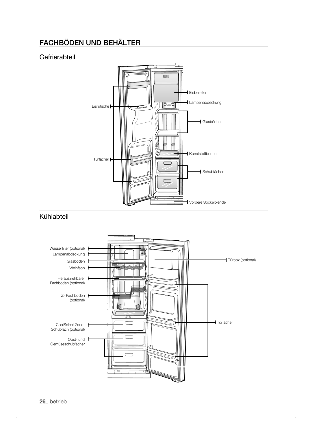 Samsung RSJ1KEPS1/XEG manual Fachböden UND Behälter, Gefrierabteil, Kühlabteil 