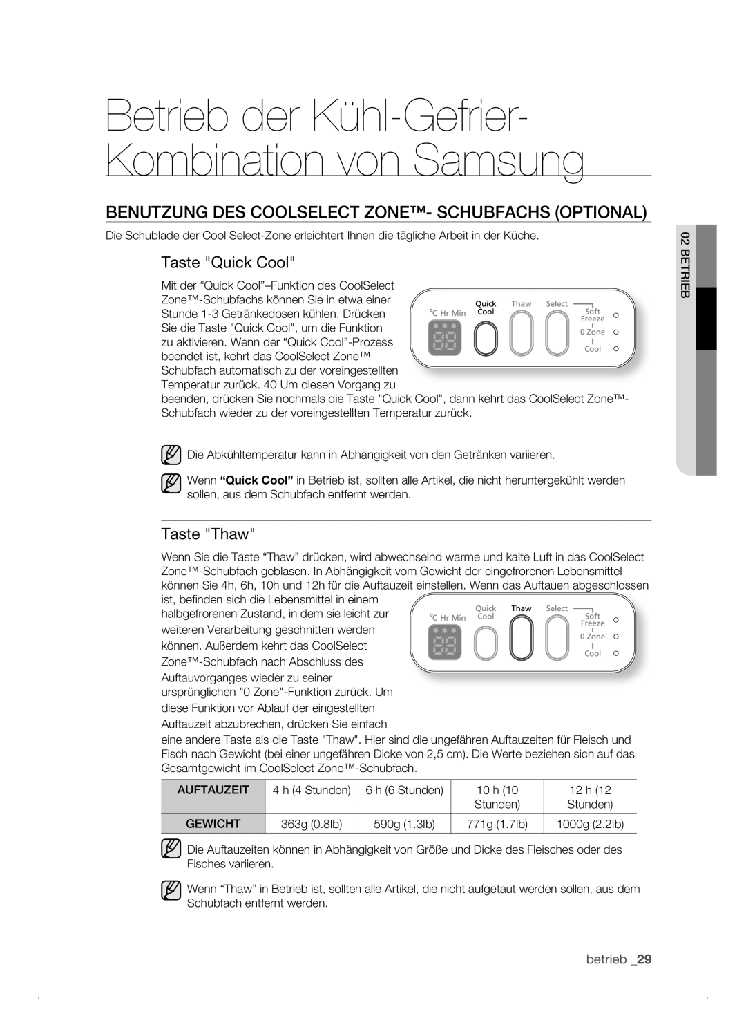 Samsung RSJ1KEPS1/XEG manual Benutzung DES Coolselect ZONE- Schubfachs Optional, Taste Quick Cool, Taste Thaw 