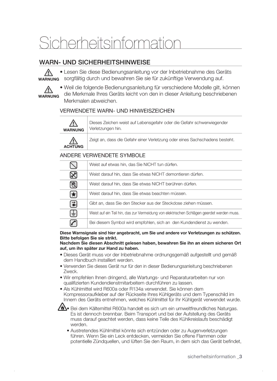 Samsung RSJ1KEPS1/XEG manual Sicherheitsinformation, WARN- UND Sicherheitshinweise 