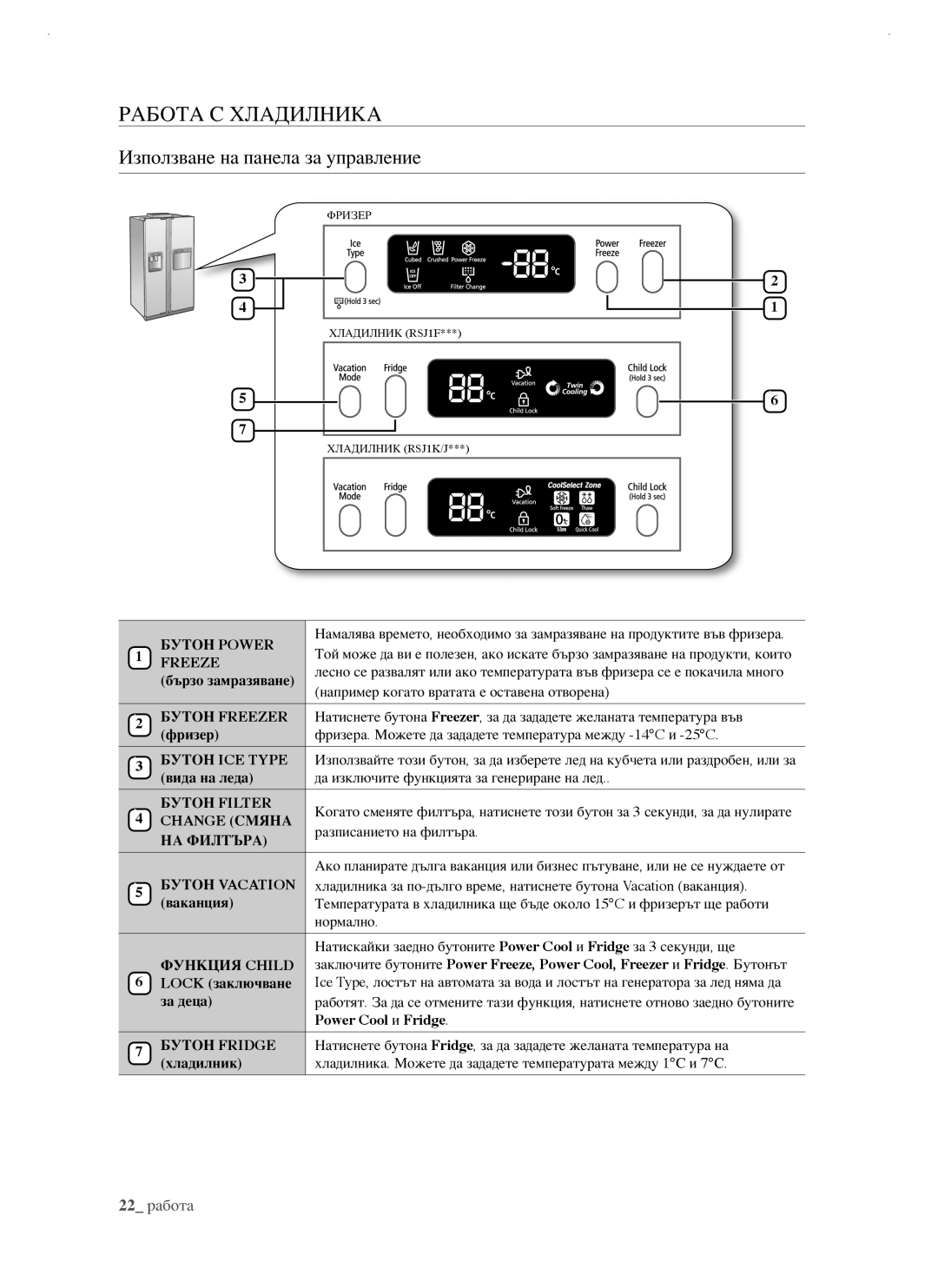 Samsung RSJ1FUBP1/BUL, RSJ1KERS1/BWT, RSJ1FEBP1/BUL, RSJ1KERS1/BUL Работа С Хладилника, Използване на панела за управление 