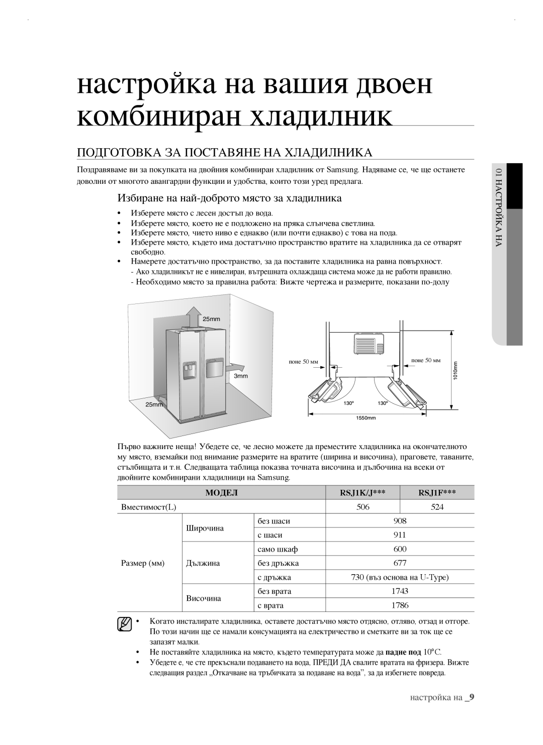 Samsung RSJ1FEBP1/BUL, RSJ1KERS1/BWT Подготовка ЗА Поставяне НА Хладилника, Избиране на най-доброто място за хладилника 