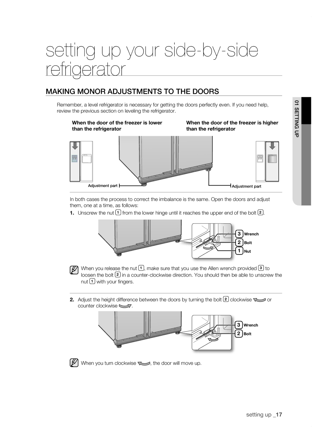 Samsung RSJ1FEBP1/BUL, RSJ1KERS1/BWT, RSJ1FUBP1/BUL, RSJ1KERS1/BUL manual Making monor adjustments to the doors 