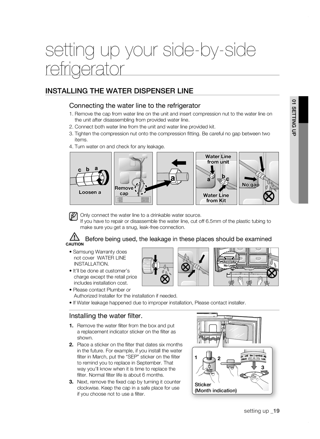 Samsung RSJ1KERS1/BUL, RSJ1KERS1/BWT Installing the water dispenser line, Connecting the water line to the refrigerator 