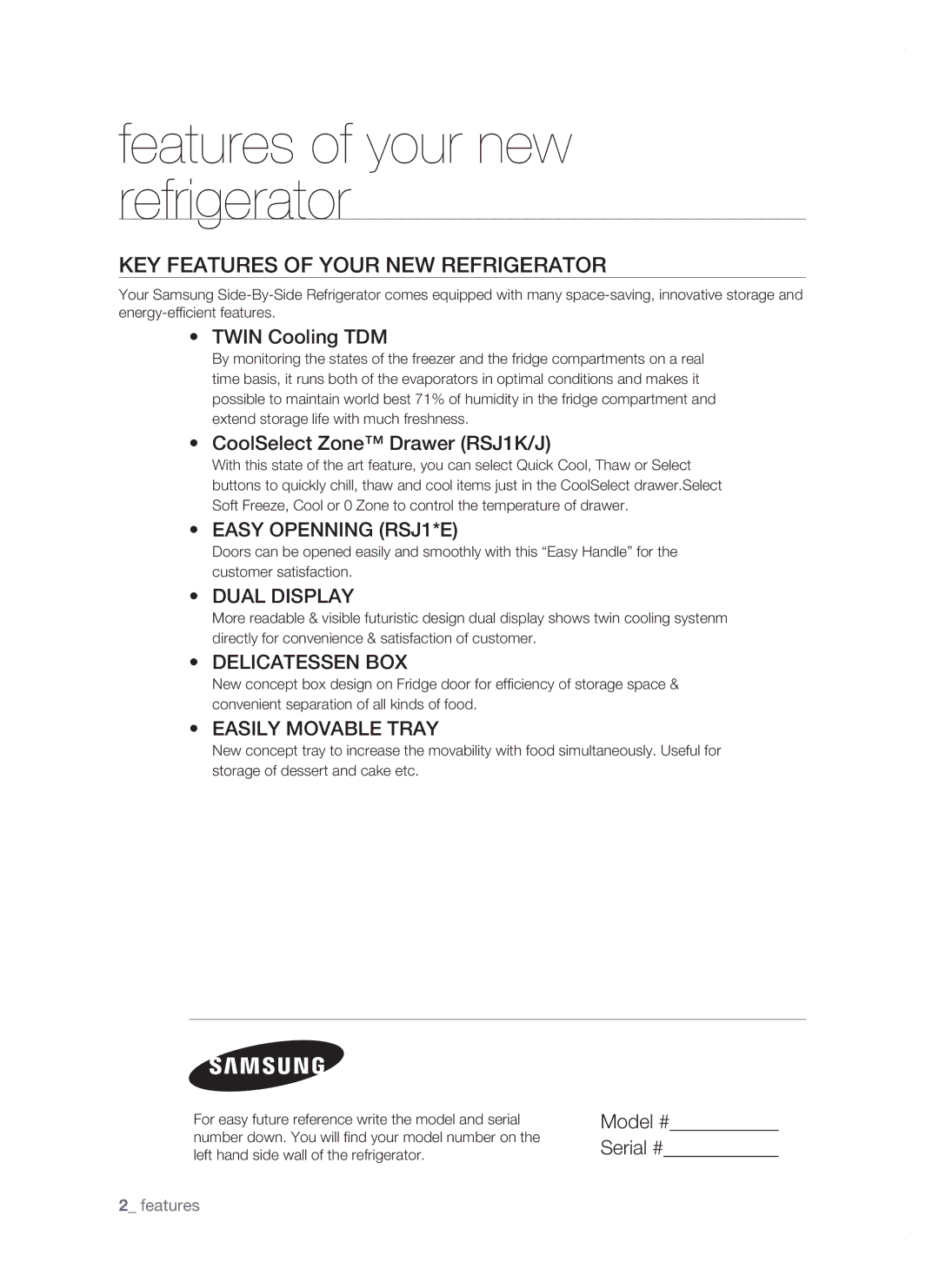 Samsung RSJ1FUBP1/BUL manual Key features of your new refrigerator, Twin Cooling TDM, CoolSelect Zone Drawer RSJ1K/J 