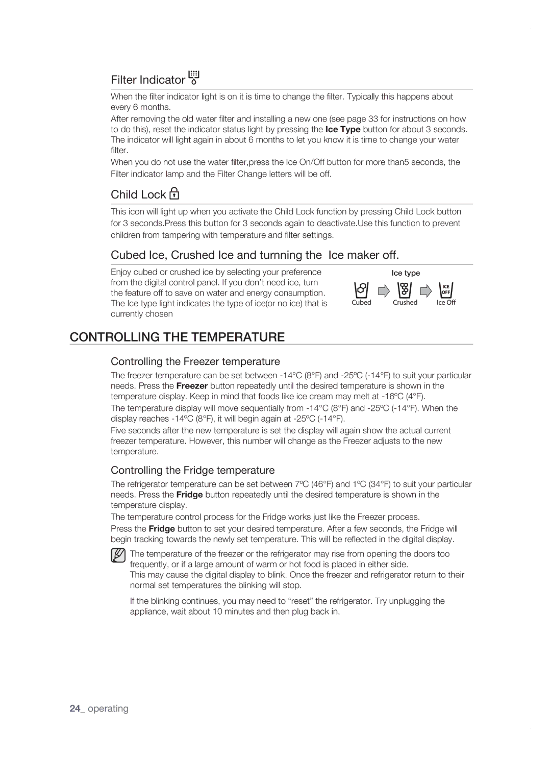 Samsung RSJ1KERS1/BWT, RSJ1FEBP1/BUL, RSJ1FUBP1/BUL, RSJ1KERS1/BUL Controlling the temperature, Filter Indicator, Child Lock 