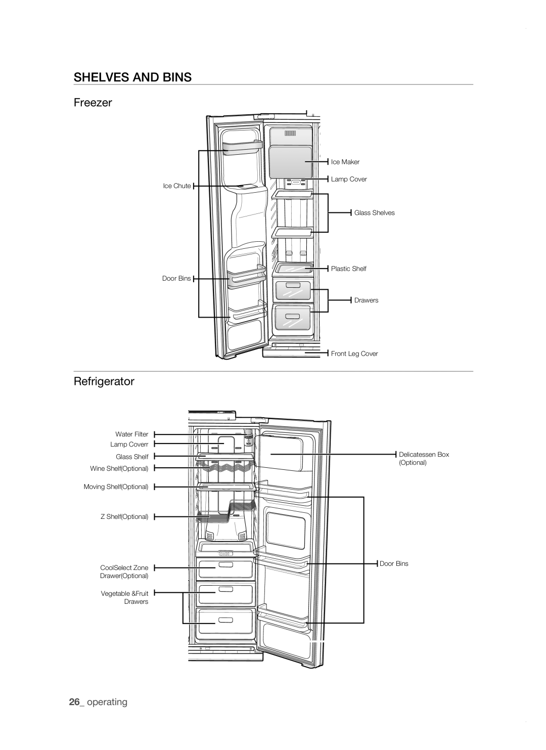 Samsung RSJ1FUBP1/BUL, RSJ1KERS1/BWT, RSJ1FEBP1/BUL, RSJ1KERS1/BUL manual Shelves and bins, Freezer, Refrigerator 