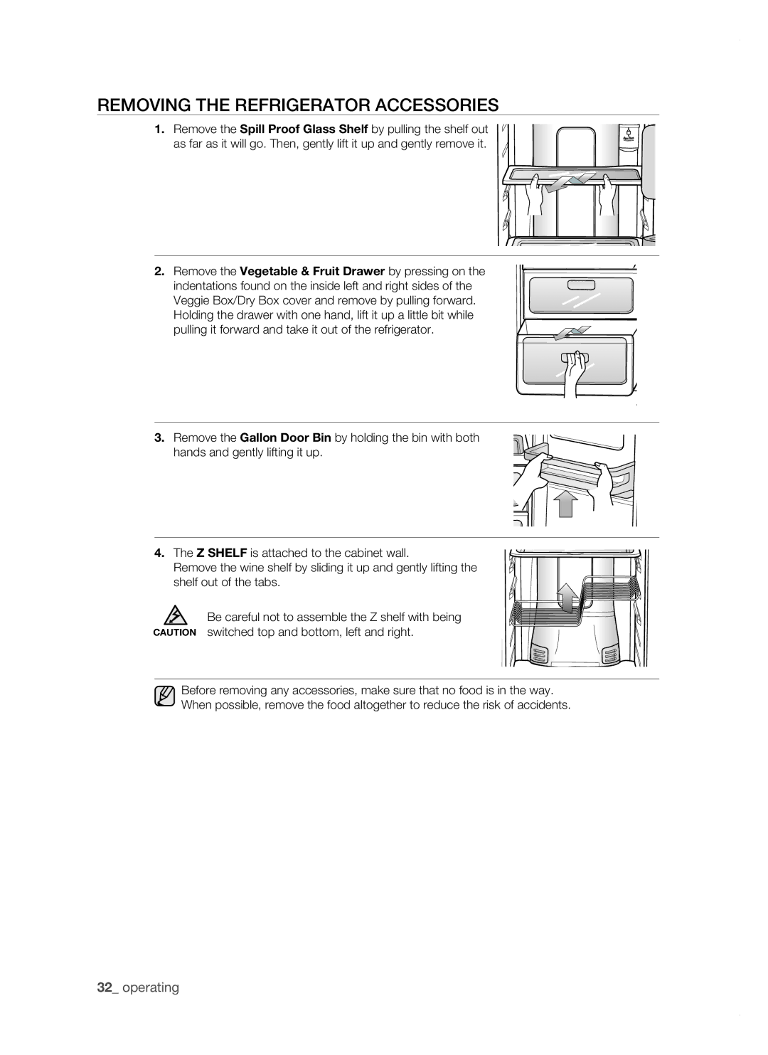 Samsung RSJ1KERS1/BWT, RSJ1FEBP1/BUL, RSJ1FUBP1/BUL, RSJ1KERS1/BUL manual Removing the refrigerator accessories 