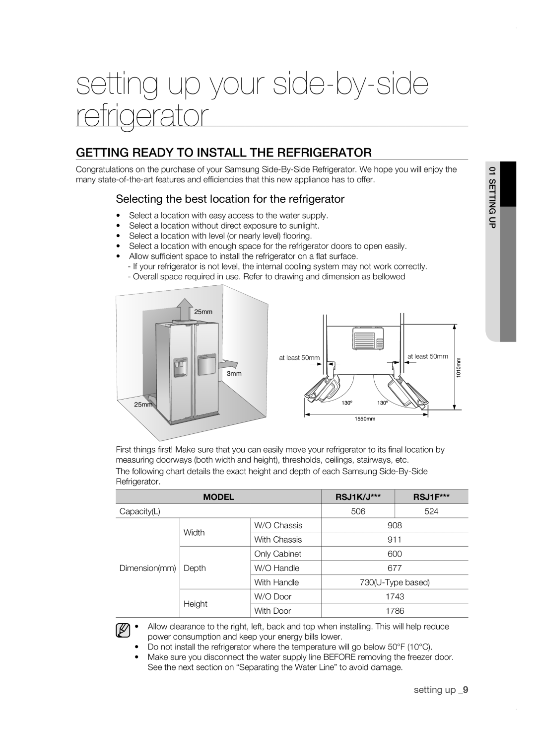 Samsung RSJ1FEBP1/BUL manual Getting ready to install the refrigerator, Selecting the best location for the refrigerator 