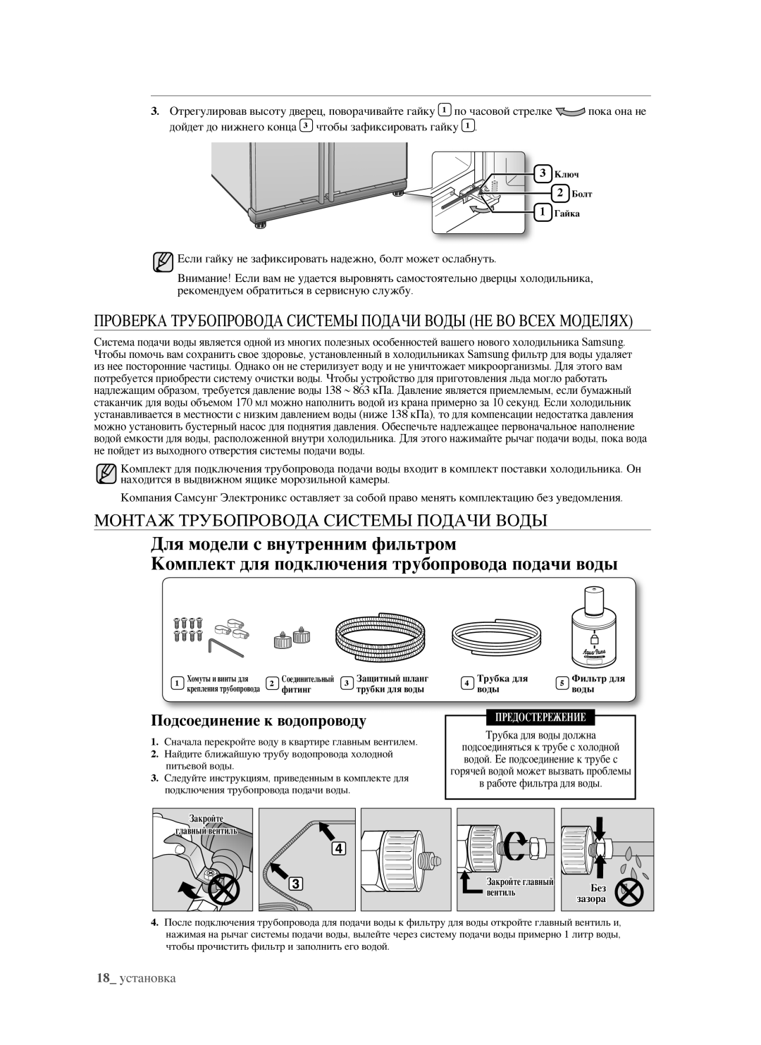 Samsung RSJ1FERS1/BWT, RSJ1KERS1/BWT, RSJ1FEPS1/BWT Монтаж Трубопровода Системы Подачи Воды, Подсоединение к водопроводу 